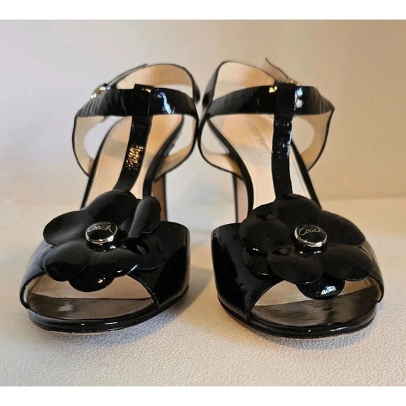 COACH Poppy Horizon Black Patent Leather Flower Ankle Heeled Sandals Sz 10 B - Picture 3 of 12